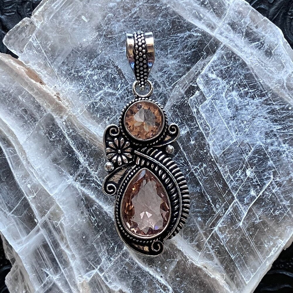 Floral and Fern Morganite Gem Pendant Crystal Stone Jewelry